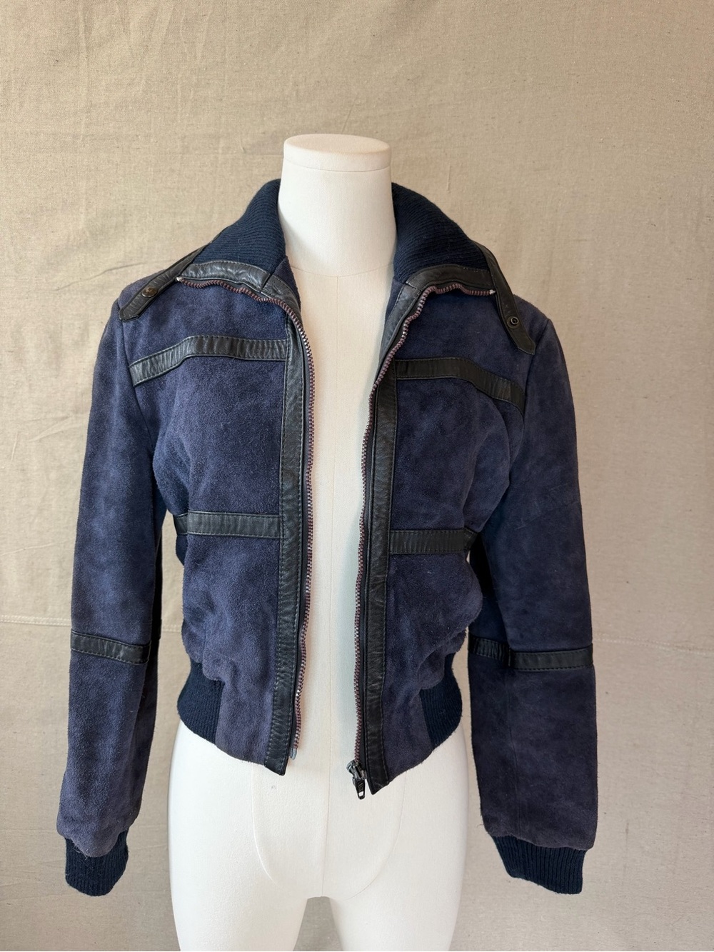Vintage Navy Suede Bomber Jacket with Black Trim